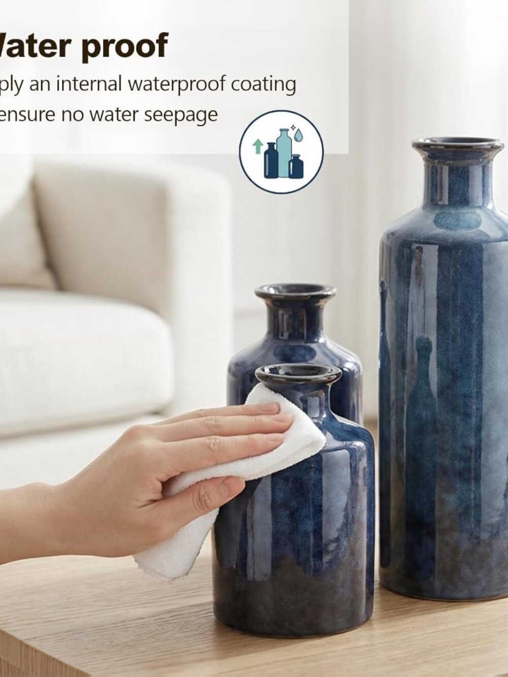 Blue Ceramic Vase Set - 3 Blue Small Vases, Farmhouse Country Flower Vase Home D - Picture 6 of 9